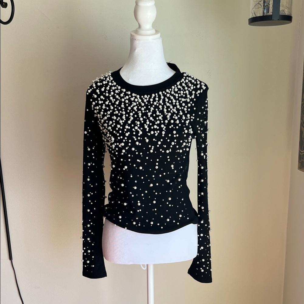 Black Pearl-Embellished Crewneck Sweater